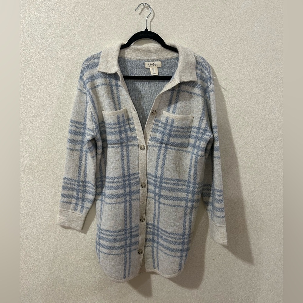 Jessica Simpson Cream and Blue Plaid Cardigan